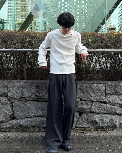 アシンメトリーワッフルヘンリーネックニットトップス ME0010