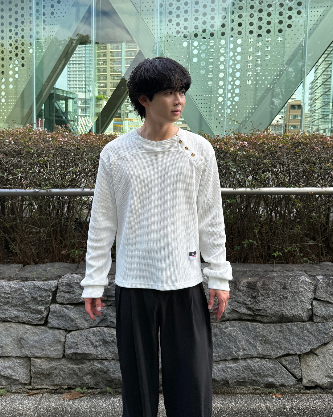 アシンメトリーワッフルヘンリーネックニットトップス ME0010