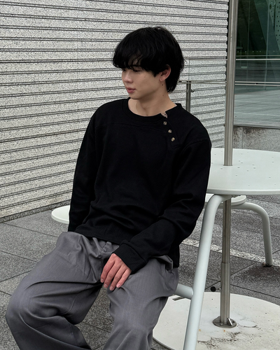 アシンメトリーワッフルヘンリーネックニットトップス ME0010