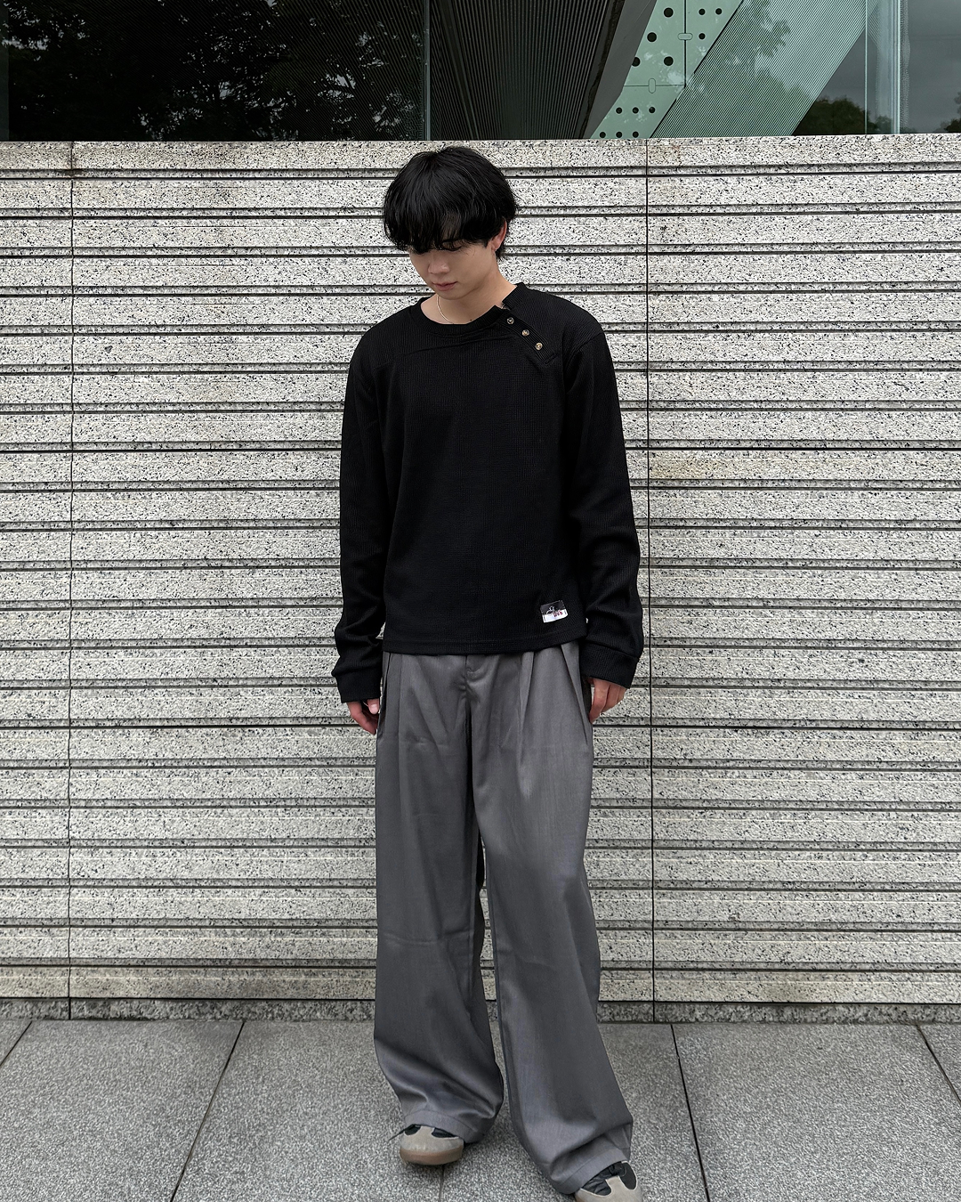 アシンメトリーワッフルヘンリーネックニットトップス ME0010