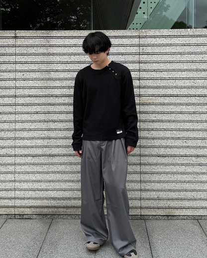 アシンメトリーワッフルヘンリーネックニットトップス ME0010