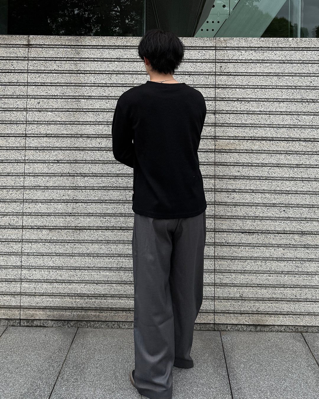 アシンメトリーワッフルヘンリーネックニットトップス ME0010