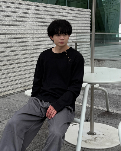 アシンメトリーワッフルヘンリーネックニットトップス ME0010
