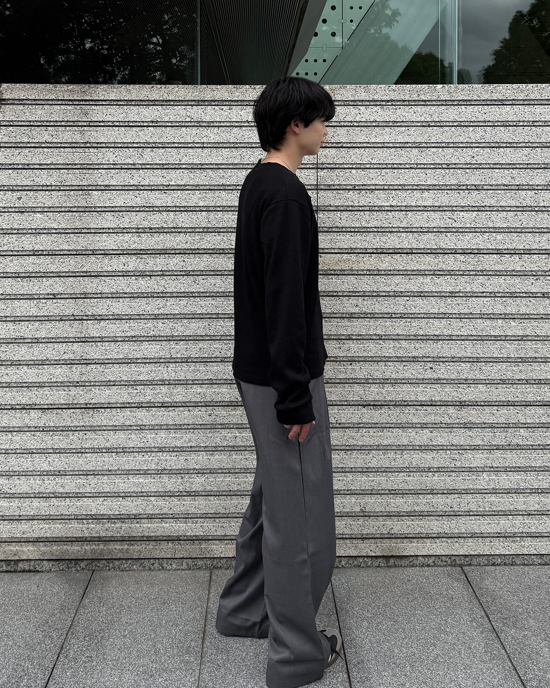 アシンメトリーワッフルヘンリーネックニットトップス ME0010
