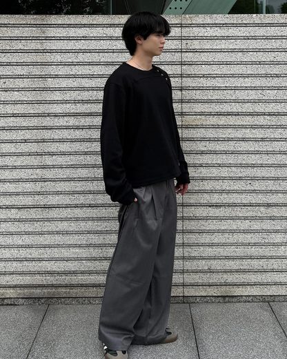 アシンメトリーワッフルヘンリーネックニットトップス ME0010