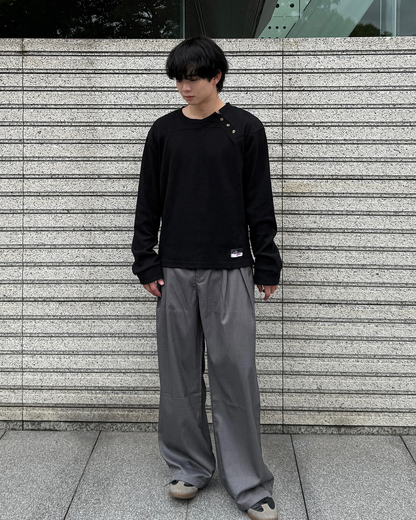 アシンメトリーワッフルヘンリーネックニットトップス ME0010