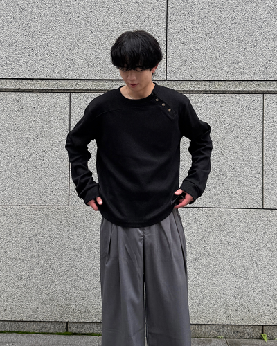 アシンメトリーワッフルヘンリーネックニットトップス ME0010