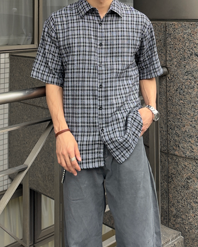 ダークチェックドロップショルダーショートスリーブブラウス
NA1169