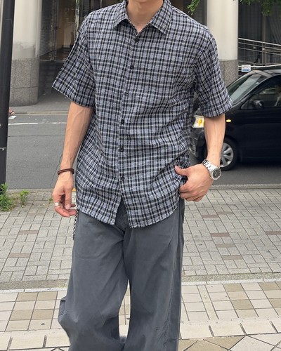 ダークチェックドロップショルダーショートスリーブブラウス
NA1169