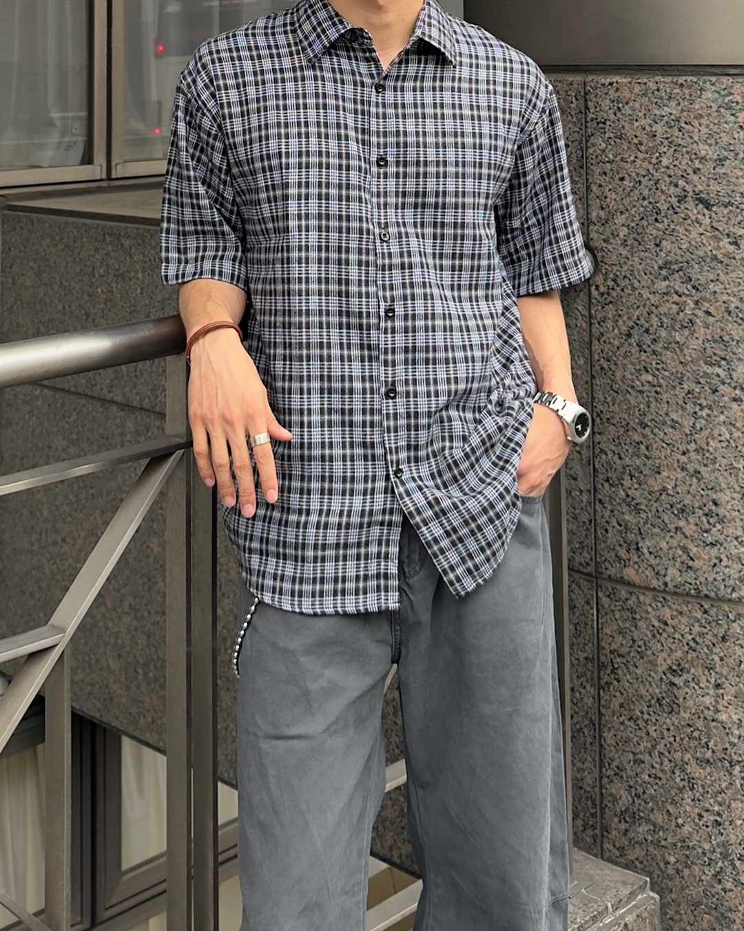 ダークチェックドロップショルダーショートスリーブブラウス
NA1169