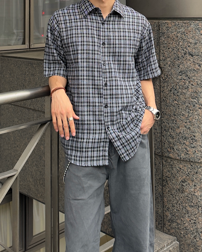 ダークチェックドロップショルダーショートスリーブブラウス
NA1169
