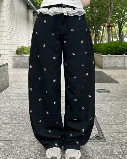 【Blossom・開花】Laced Jeans レースデニムパンツ ワイドパンツ レースパンツ デニムパンツ レディース レース