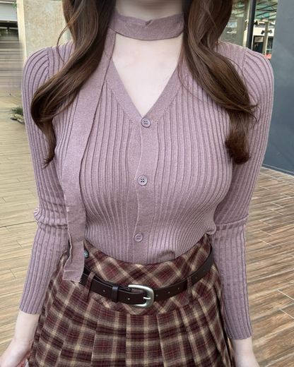 タイ付きVネックカーディガン NO0135