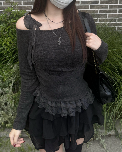 【即納】レースリボンワンショルダーニット NO5002