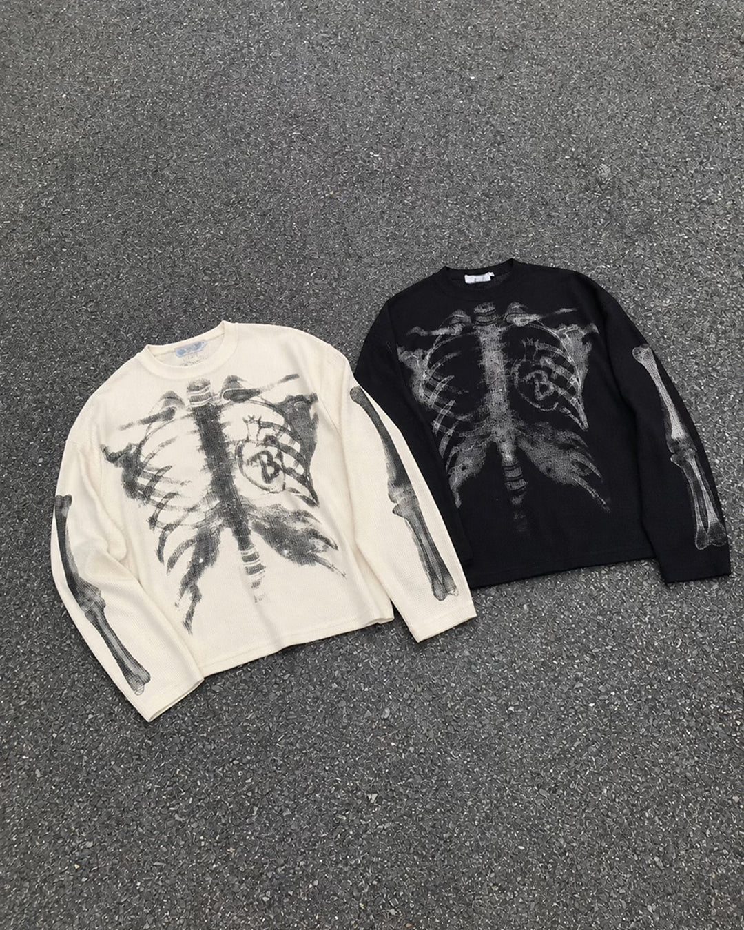 スケルトンアートワッフルロングTシャツ OU0034