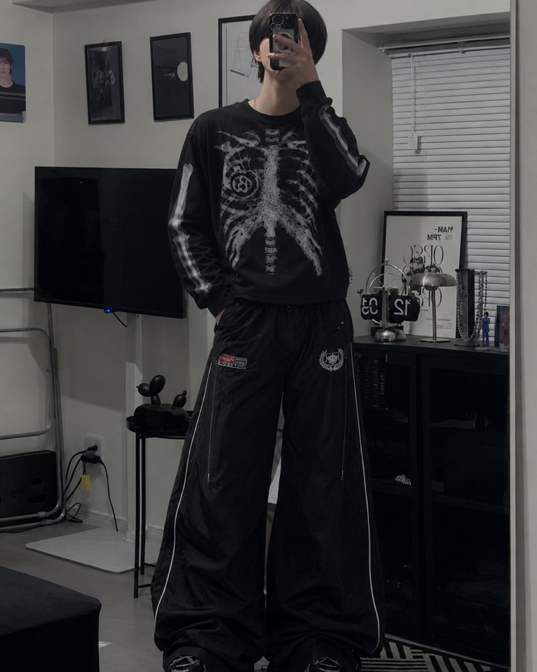 スケルトンアートワッフルロングTシャツ OU0034