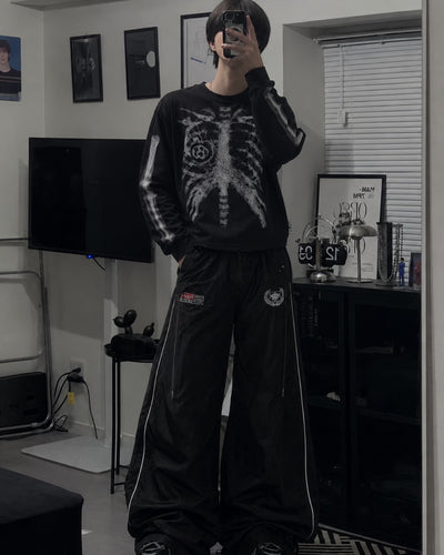 スケルトンアートワッフルロングTシャツ OU0034