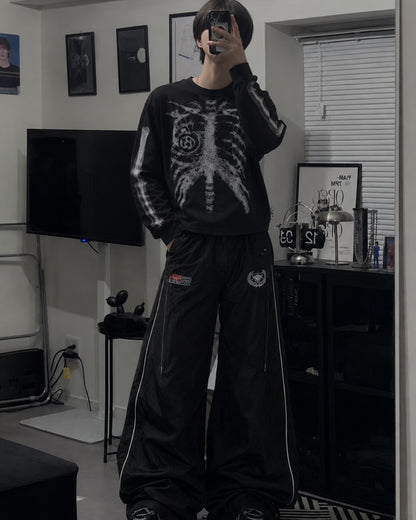 スケルトンアートワッフルロングTシャツ OU0034
