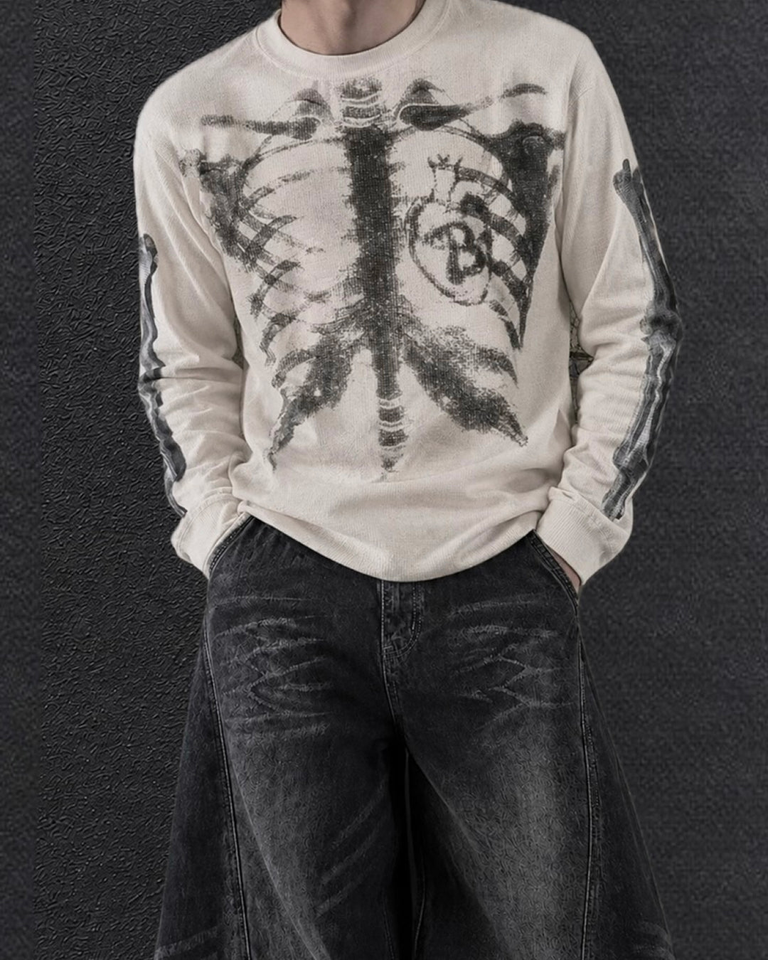 スケルトンアートワッフルロングTシャツ OU0034
