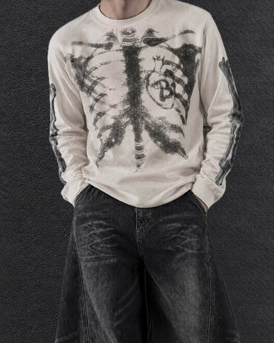 スケルトンアートワッフルロングTシャツ OU0034
