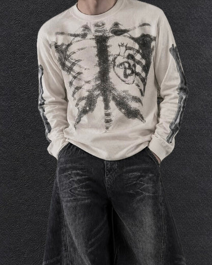 スケルトンアートワッフルロングTシャツ OU0034