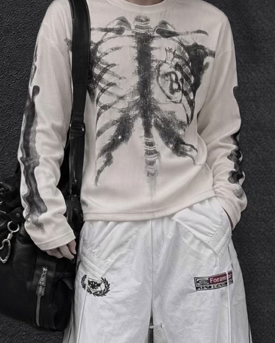 スケルトンアートワッフルロングTシャツ OU0034