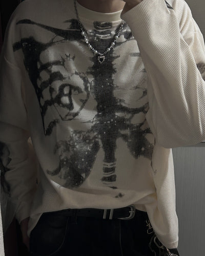 スケルトンアートワッフルロングTシャツ OU0034