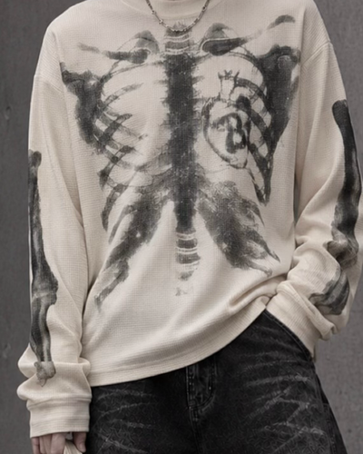 スケルトンアートワッフルロングTシャツ OU0034