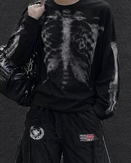 スケルトンアートワッフルロングTシャツ OU0034