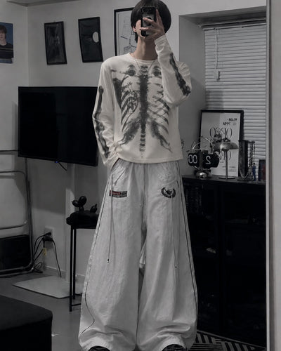 スケルトンアートワッフルロングTシャツ OU0034