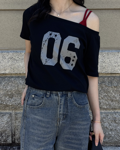 オフショルダーフロントナンバーTシャツ PO0039