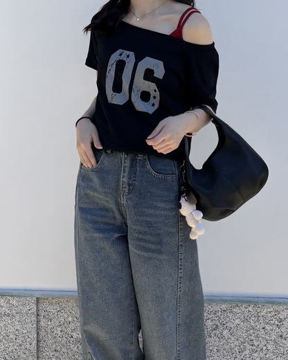 オフショルダーフロントナンバーTシャツ PO0039