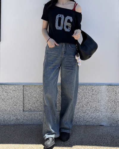オフショルダーフロントナンバーTシャツ PO0039