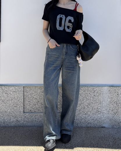 オフショルダーフロントナンバーTシャツ PO0039