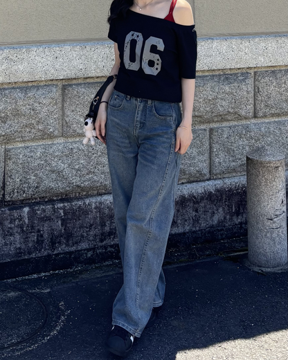 オフショルダーフロントナンバーTシャツ PO0039
