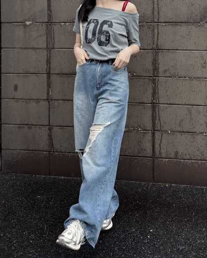 オフショルダーフロントナンバーTシャツ PO0039