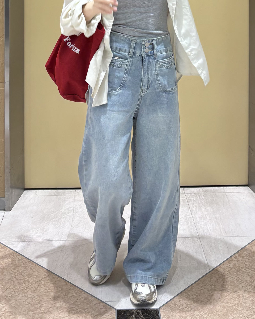 ストレートロングダブルボタンジーンズ PO0086