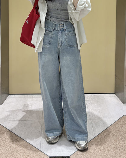 ストレートロングダブルボタンジーンズ PO0086