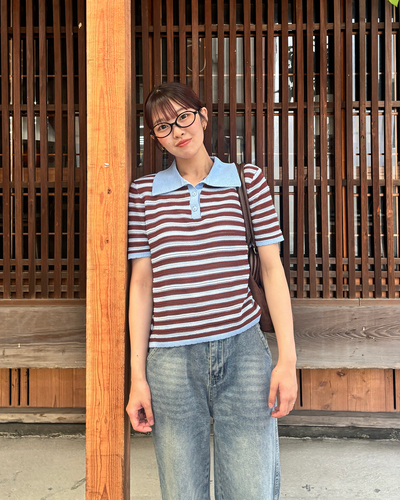 ストライプニットポロTシャツ PZ0141