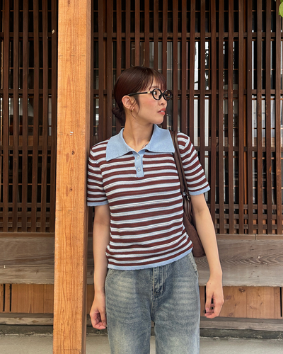 ストライプニットポロTシャツ PZ0141