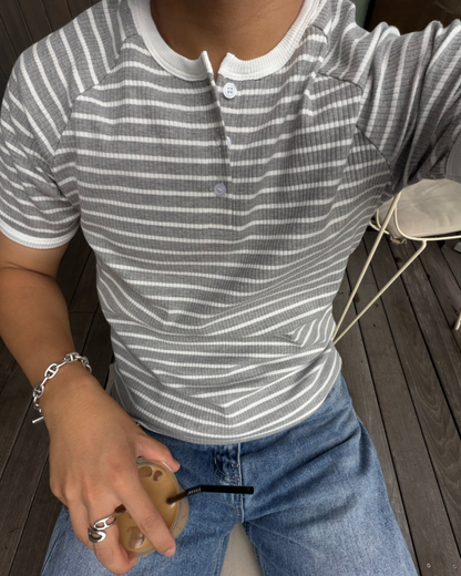 ボーダーフィットヘンリーネックTシャツ RG7346