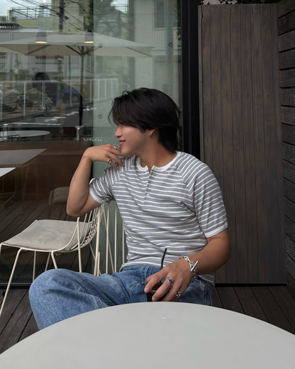 ボーダーフィットヘンリーネックTシャツ RG7346