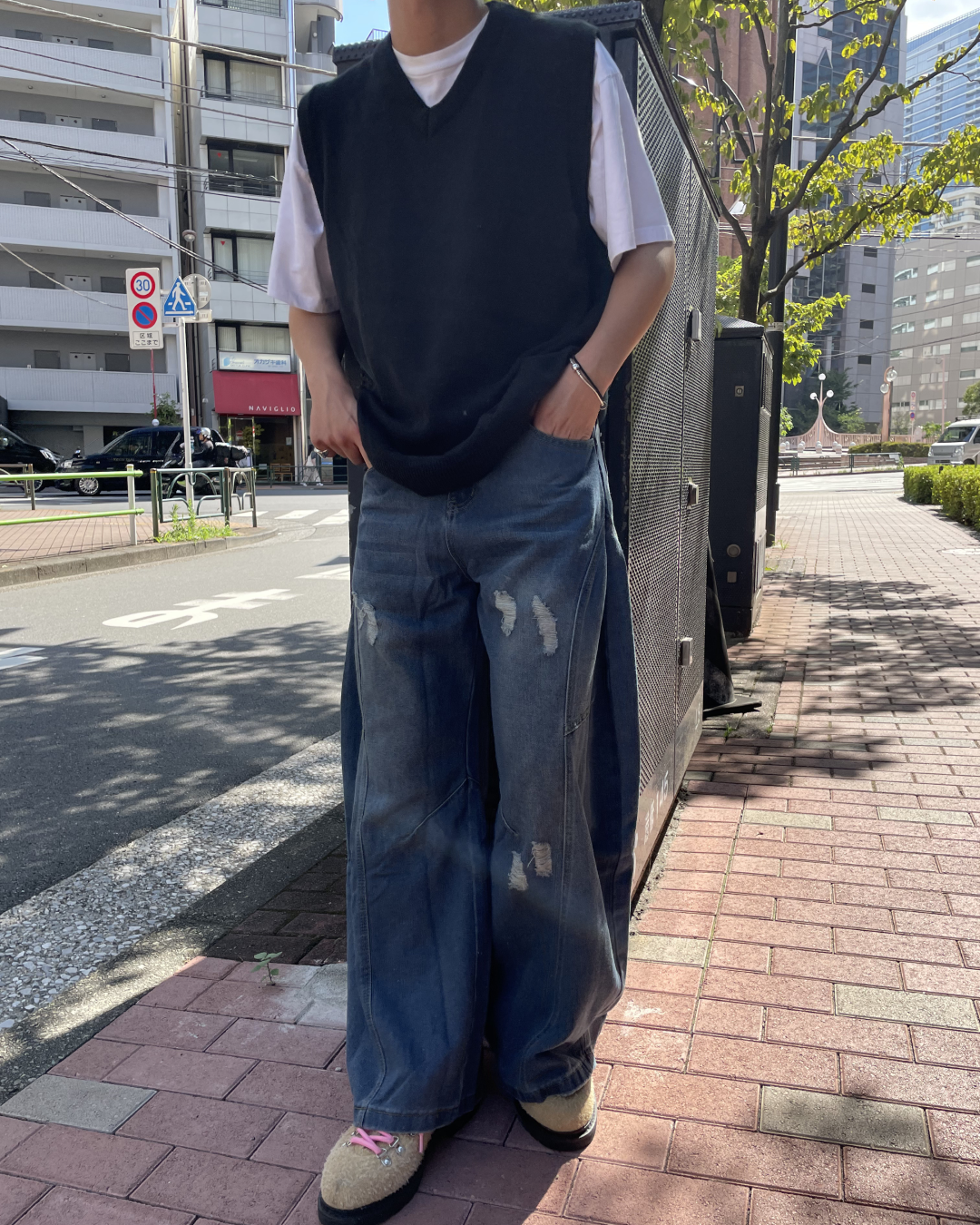 【即納】ダメージワイドカーブデニム