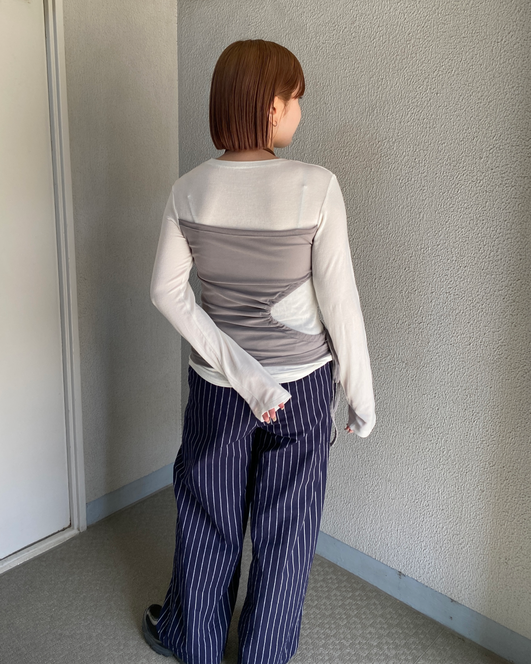 レイヤード風ウエストアシンメトリーロングスリーブTシャツRK0093
