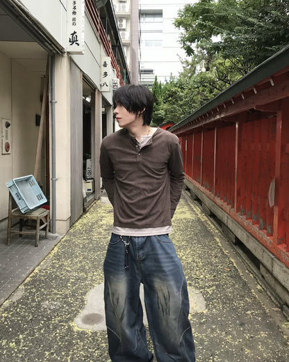 レイヤードヘンリーネックワッフルロングTシャツ RO0105