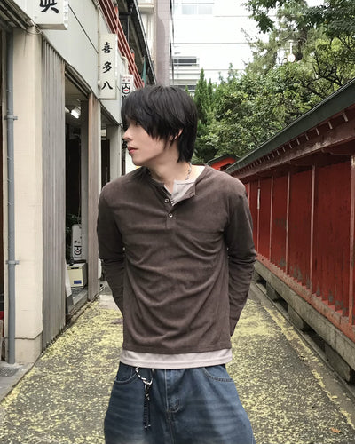 レイヤードヘンリーネックワッフルロングTシャツ RO0105