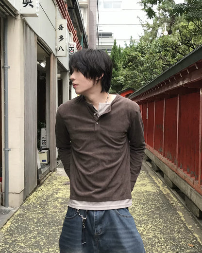 レイヤードヘンリーネックワッフルロングTシャツ RO0105