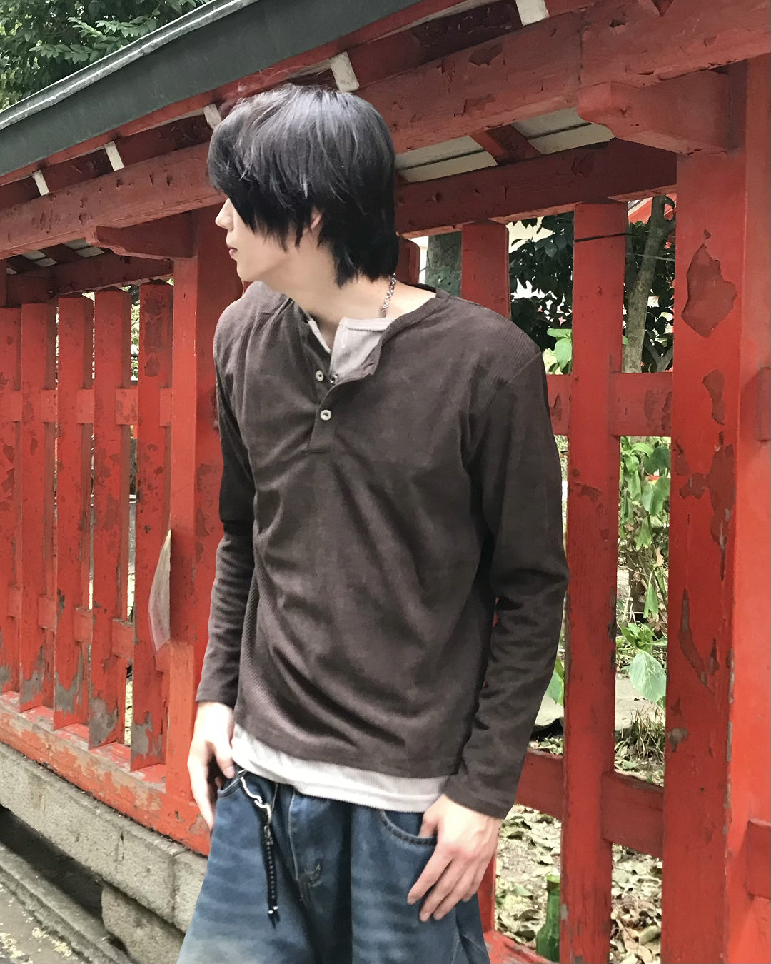 レイヤードヘンリーネックワッフルロングTシャツ RO0105
