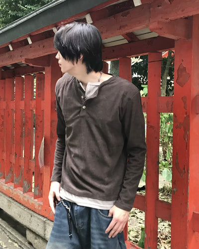 レイヤードヘンリーネックワッフルロングTシャツ RO0105