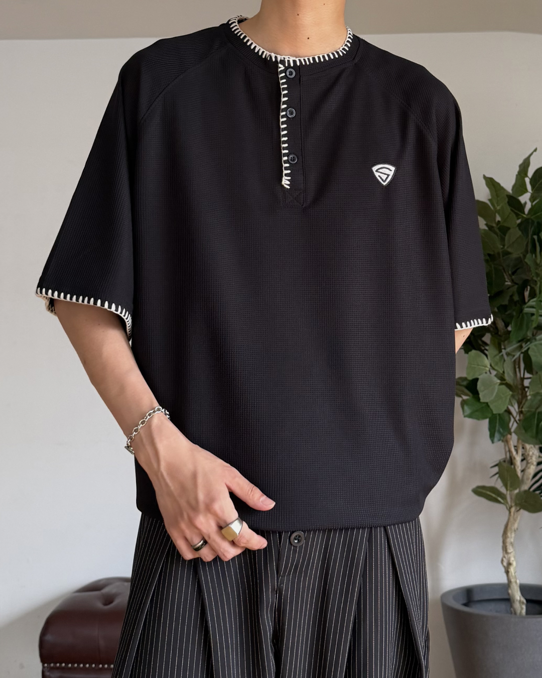 ステッチワッフルヘンリーネックT RR0367